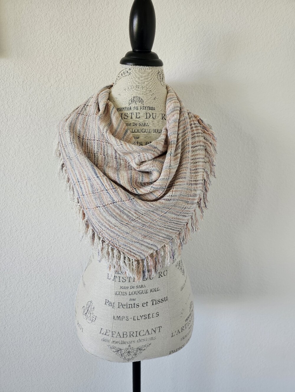 Vintage Boho Earth Tone Striped Square Scarf – 27" Fringed Woven Neck Wrap